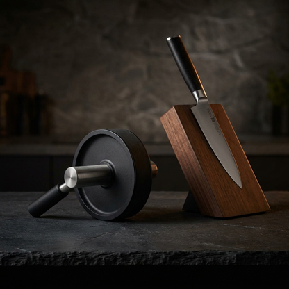 Edgevault rolling knife sharpener with magnetic walnut block
